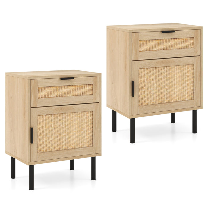 Set of 2 Rattan Nightstand with Drawer and Cabinet and Metal Legs-
