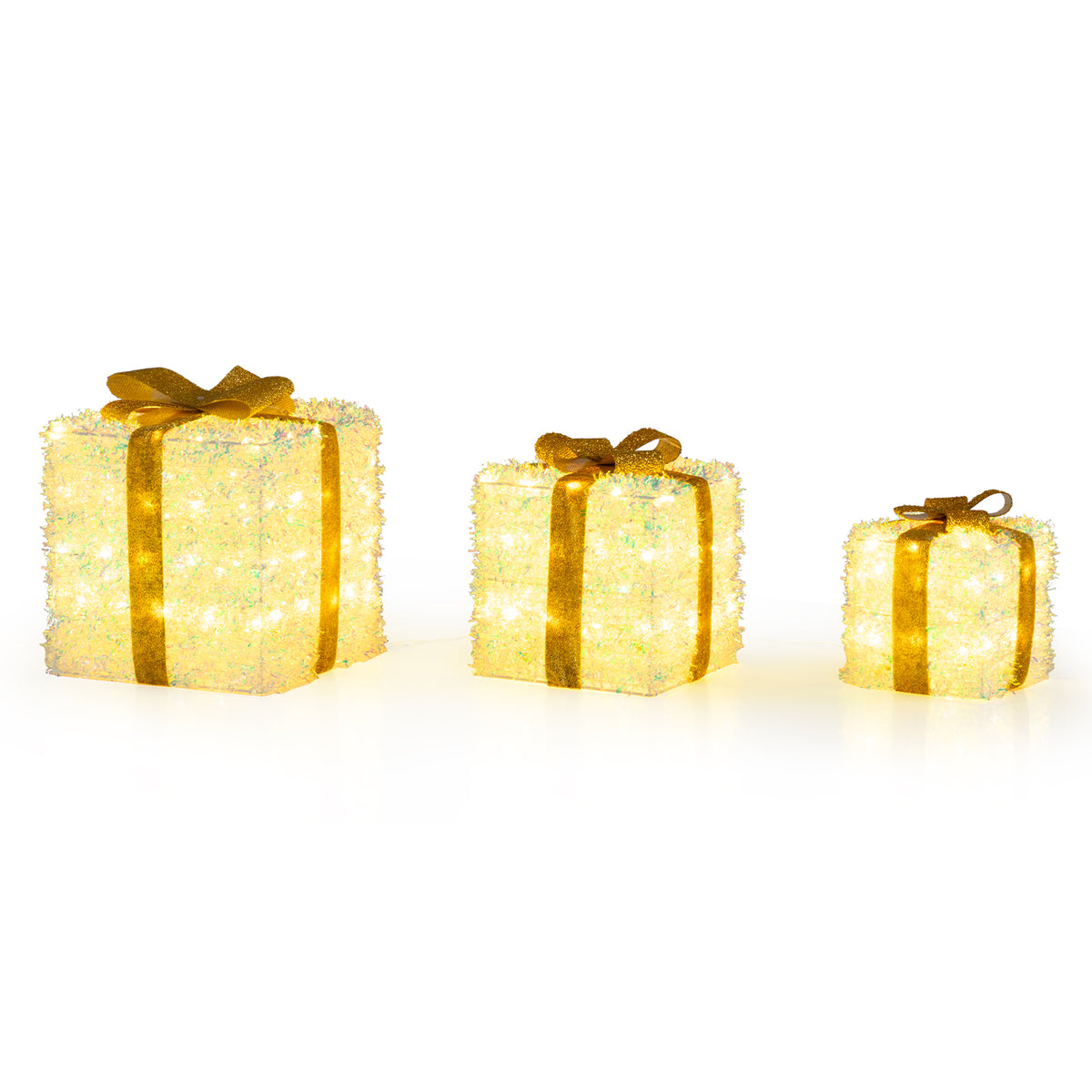 Set of 3 Christmas Lighted Gift Boxes Pre-Lit with Warm White LED Lights