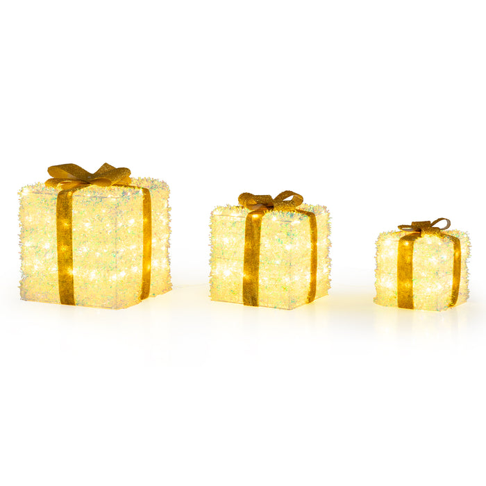 Set of 3 Christmas Lighted Gift Boxes Pre-Lit with Warm White LED Lights