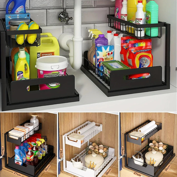Under‑sink 2‑Tier Pull‑Out Storage Organiser – 36×27×28cm, Black or White