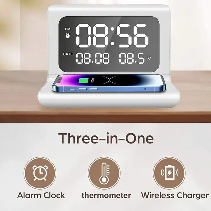 15W Qi Wireless Charger Stand with Alarm Clock & Thermometer (USB-C)