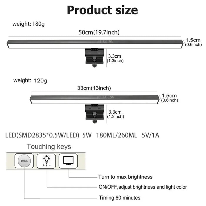 LED Monitor Light Bar — Dimmable 3‑Colour Reading Lamp