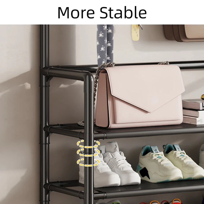 5-Tier Metal Shoe Rack with 8 Hooks — Coat, Hat & Bag Organiser