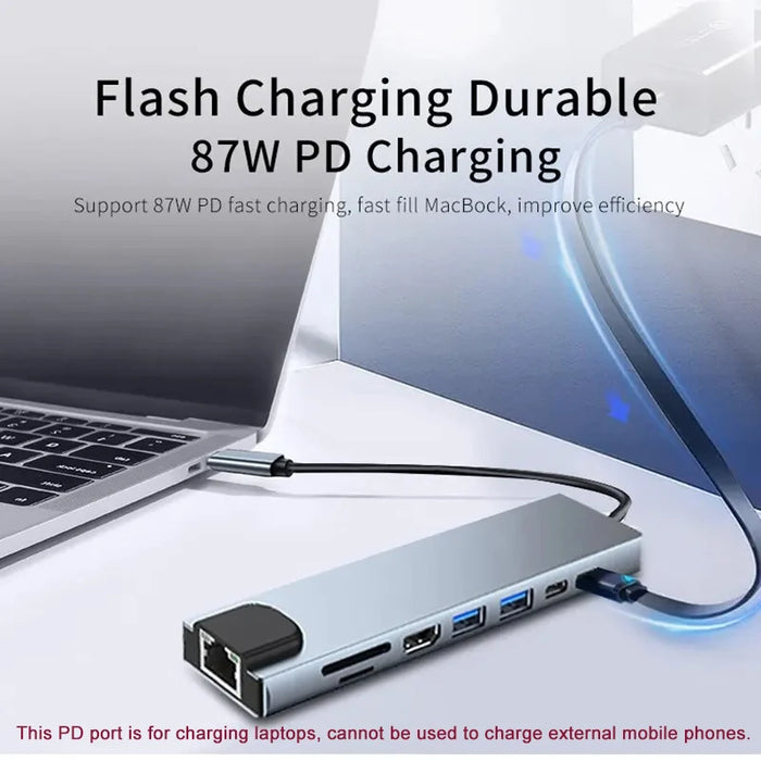 8-in-1 USB-C Hub 3.0 Dock – 4K HDMI, RJ45, PD, SD/TF for MacBook Air M1 & iPad Pro