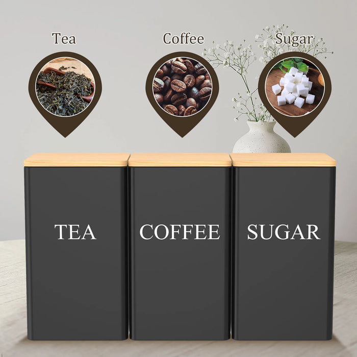 3‑Piece Coffee, Tea & Sugar Canister Set — Stainless Steel with Airtight Bamboo Lids
