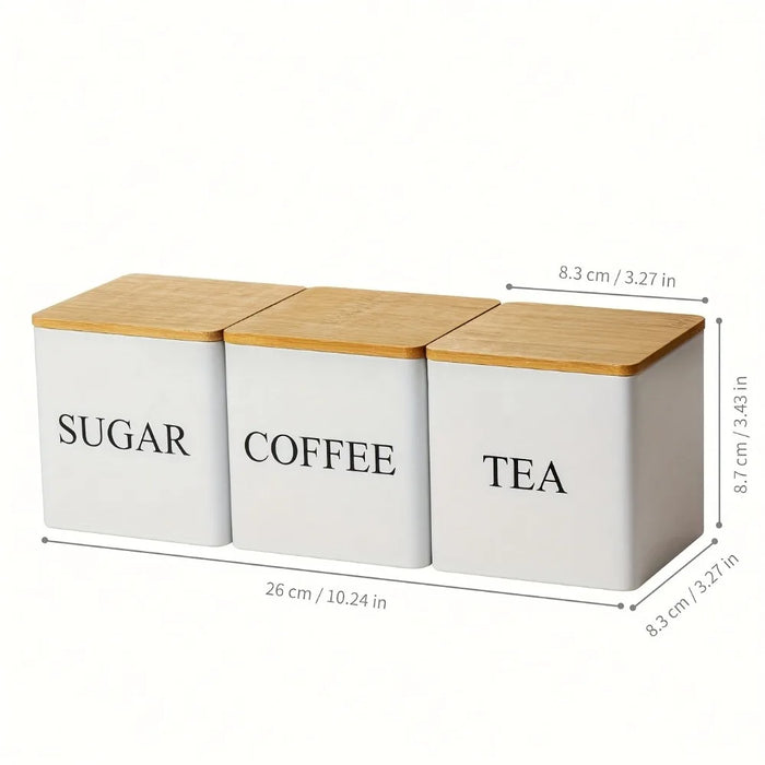 Set of 3 Metal Canisters with Bamboo Lids – 500ml Coffee, Tea & Sugar (Black or White)