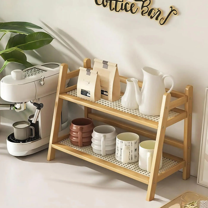 2-Tier Wicker-Look Coffee Station Organizer — Bamboo-Style Mug Holder for Countertop