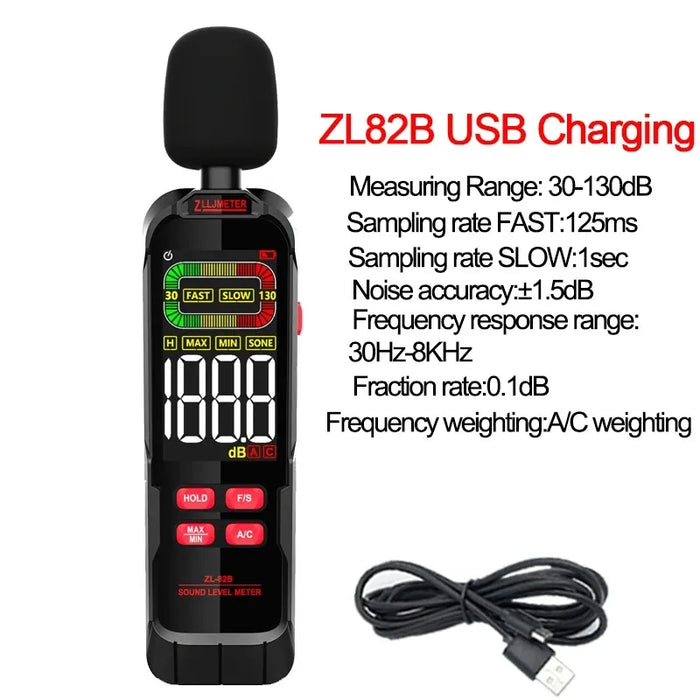 Digital Sound Level Meter 30–130 dB (A/C) — ZL82A 3×AAA or ZL82B USB Recharge