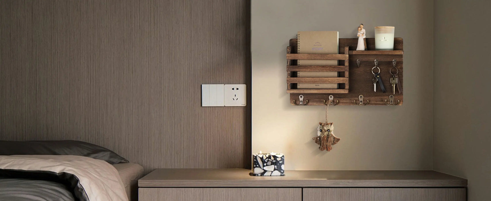 Rustic Wood Wall Mail Organiser with Key Hooks and Floating Shelf
