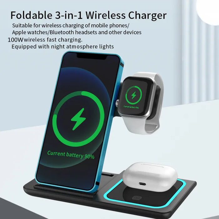 Fast Wireless Charger by LED - 3 in 1 Foldable Charging Stand for iPhone 15 14 13 12 Pro Max, Apple Watch 8 7, Airpods Pro - Versatile Charging Station Solution for Multiple Devices
