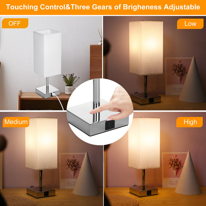 Bedside Table Lamp with Fabric Shade - Warm White LED Bulb, Touch Control, Desk Light, USB A and Type-C Charging Ports - Ideal for Nightstands, Work Desks and Study Areas - Single Lamp