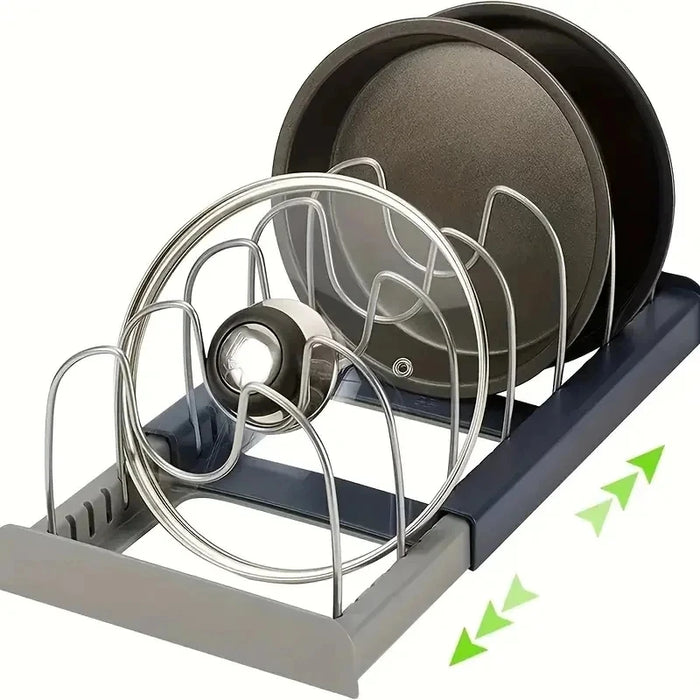 Expandable Stainless-Steel Pot & Pan Rack with 7 Dividers – Pull-Out Cabinet & Countertop Organiser