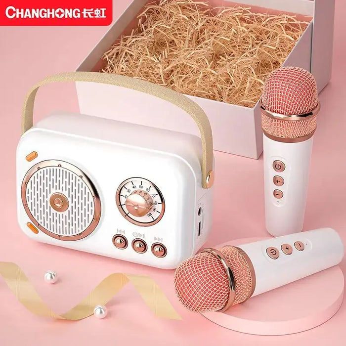 Family Karaoke Machine - Double Microphone Set with Retro Portable Speaker and Bluetooth Connection - Ideal Entertainment For Parties