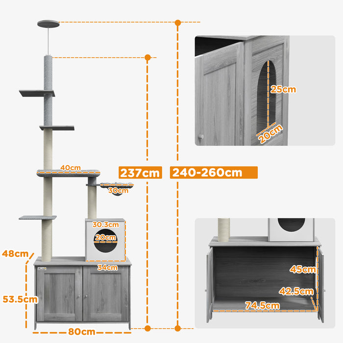 2 in 1 Cat Tree and Concealed Litter Box Furniture - Multi-Level Kitty Playhouse with Bed, Hammock, Scratch Posts & Platforms - Stylish Indoor Cat Tower for Play, Sleep & Privacy