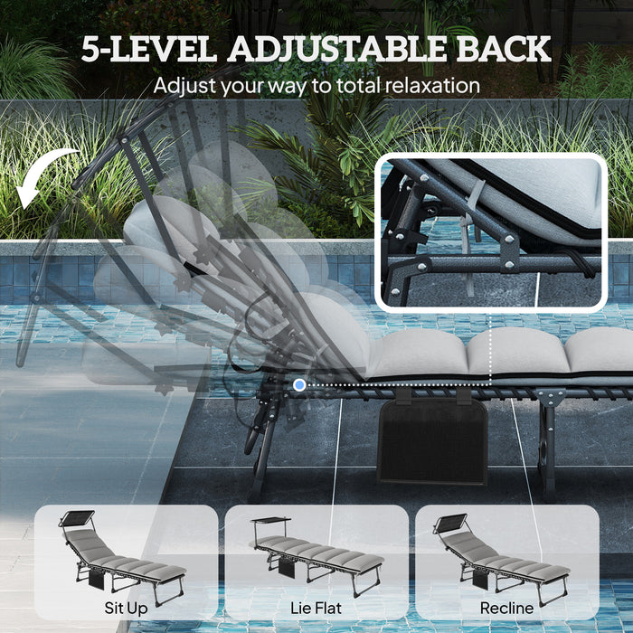 Outsunny Folding Sun Lounger with Canopy, Reclining Sunbed with Cushion, Side Pocket, Carrying Handle, Light Grey