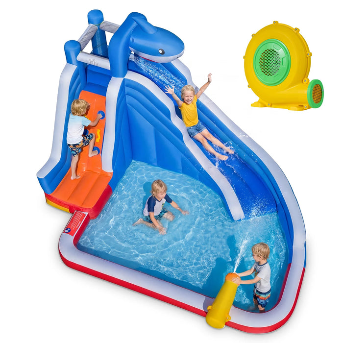 Shark-Themed Kids Water Park with Climbing Wall for Party Summer with 550W Blower