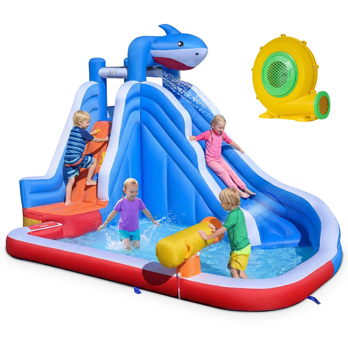 Shark-Themed Kids Water Park with Climbing Wall for Party Summer with 550W Blower