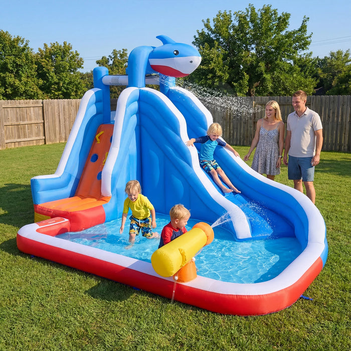 Shark-Themed Kids Water Park with Climbing Wall for Party Summer with 550W Blower