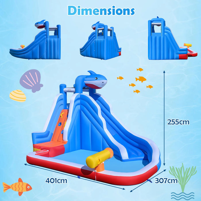 Shark-Themed Kids Water Park with Climbing Wall for Party Summer with 550W Blower