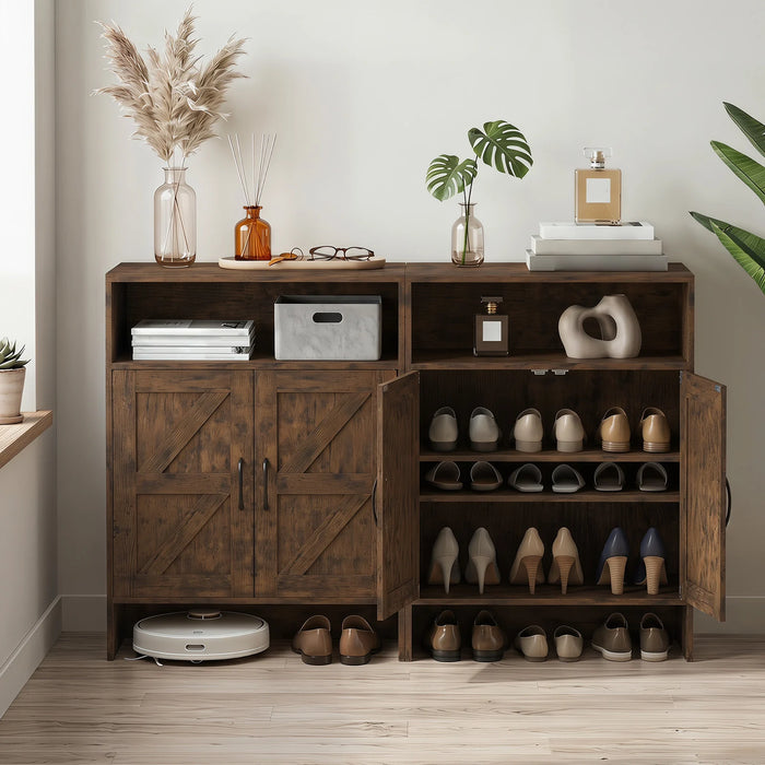 Shoe Cabinet with 2 Barn Doors and Adjustable Shelves for Entryway-Brown