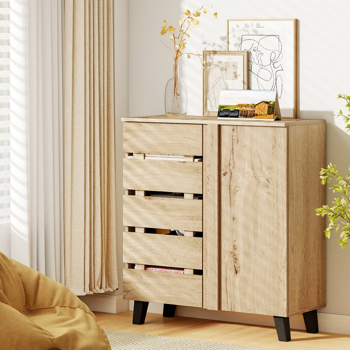 4-Tier Shoe Cabinet with Louvered Door and Removable Shelves-Natural