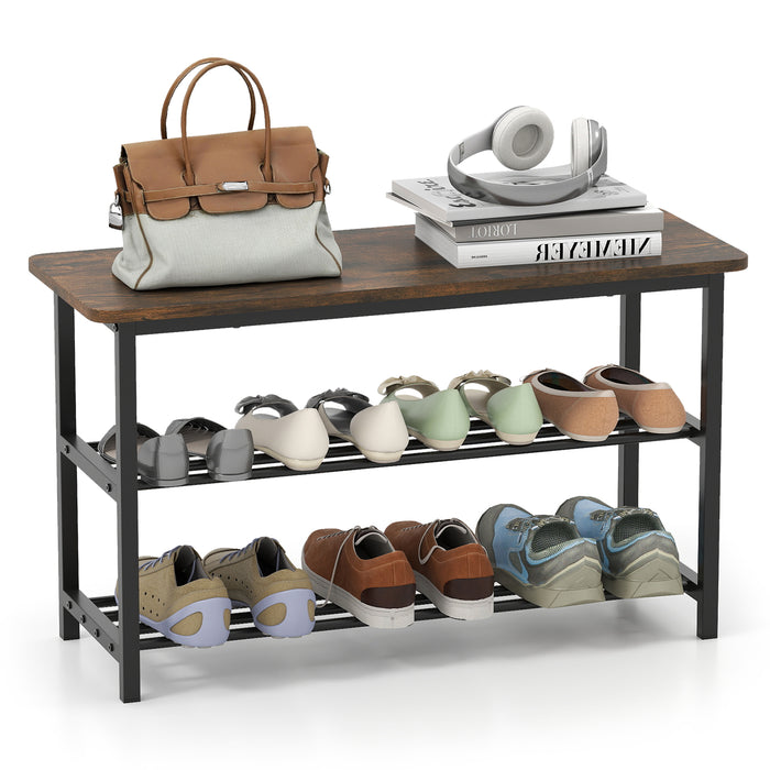 3-Tier Shoe Storage Bench with Metal Slat Shelves and Long Wooden Seat-Rustic Brown