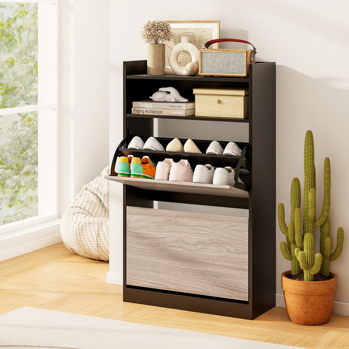 Shoe Storage Cabinet with 2 Flip Drawers and Open Storage-