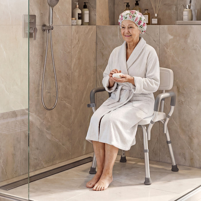 Shower Chair Height Adjustable with Backrest and Padded Armrests-Silver