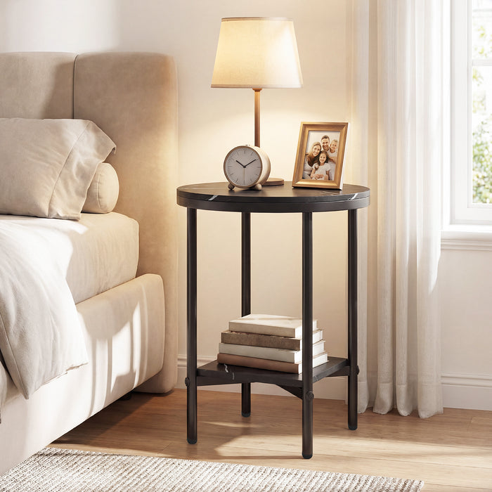 Side Table Modern Round End Table with Faux Marble Top and Bottom Storage Shelf-
