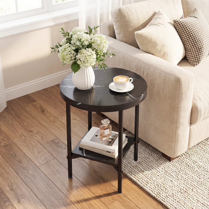 Side Table Modern Round End Table with Faux Marble Top and Bottom Storage Shelf-