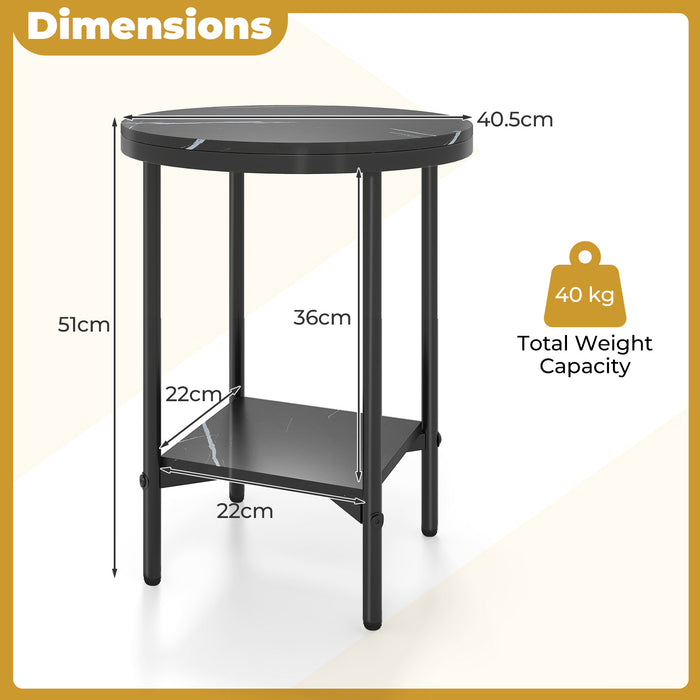Side Table Modern Round End Table with Faux Marble Top and Bottom Storage Shelf-