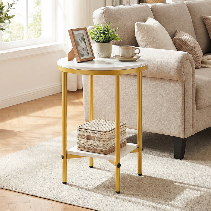 Side Table Modern Round End Table with Faux Marble Top and Bottom Storage Shelf-