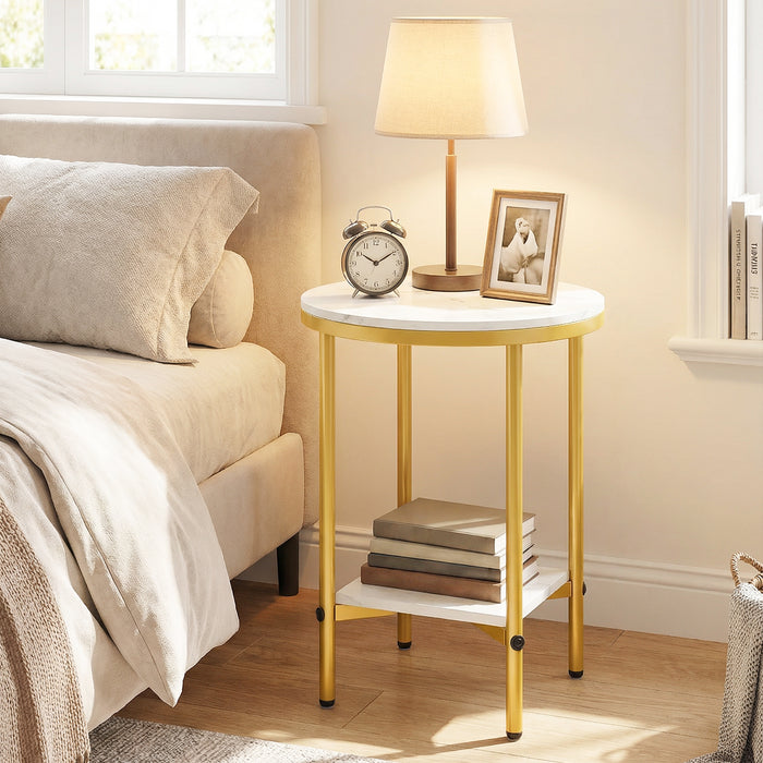 Side Table Modern Round End Table with Faux Marble Top and Bottom Storage Shelf-