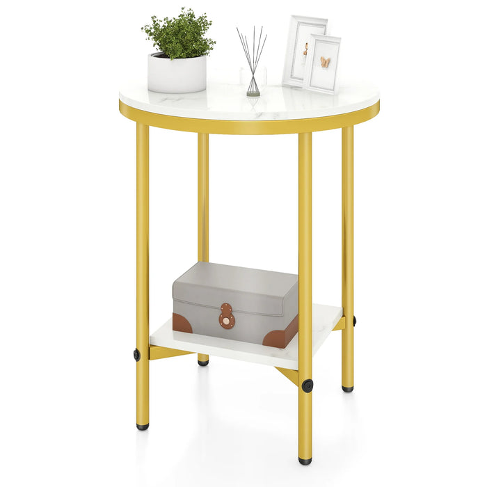 Side Table Modern Round End Table with Faux Marble Top and Bottom Storage Shelf-