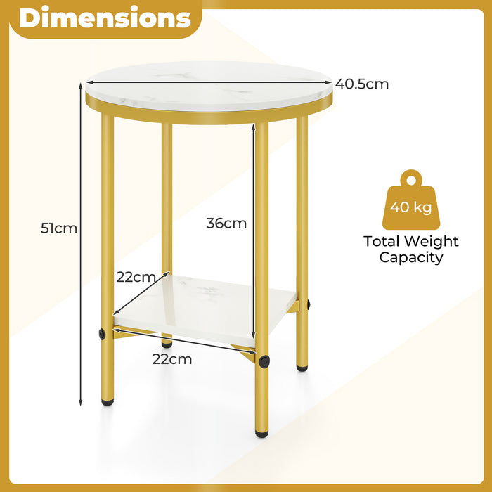 Side Table Modern Round End Table with Faux Marble Top and Bottom Storage Shelf-