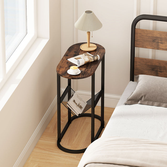 2-Tier Narrow Side Table with Magazine Holder for Living Room Bedroom-White