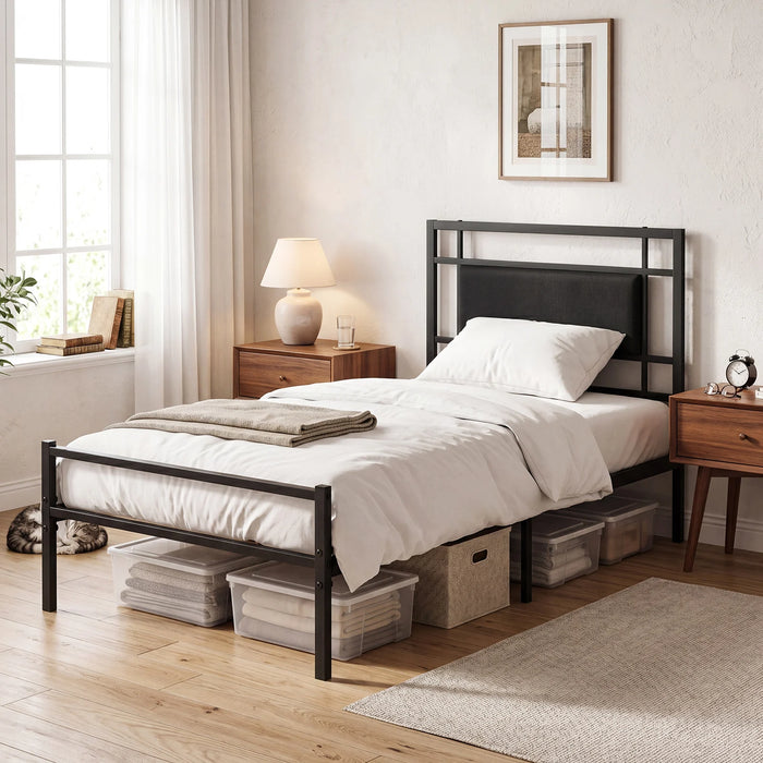 Single Bed Frame with Upholstered Headboard and Metal Slat Support-Black Single Size