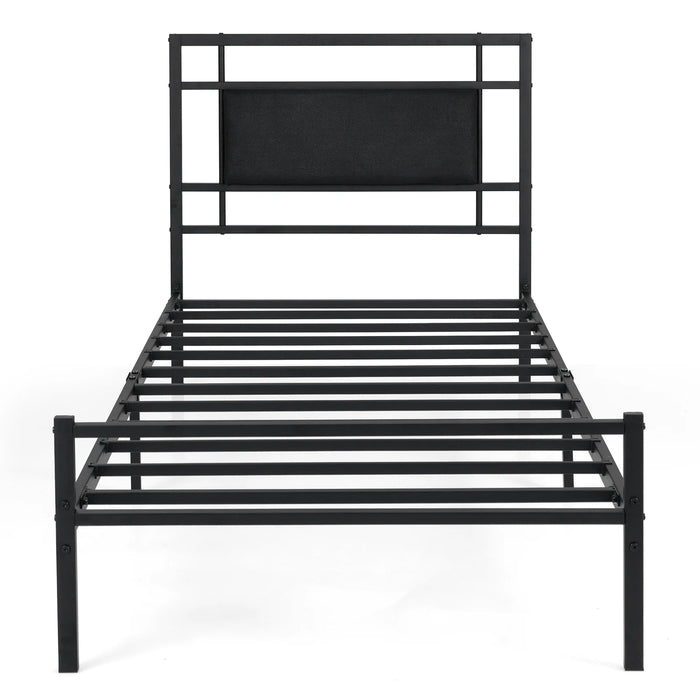 Single Bed Frame with Upholstered Headboard and Metal Slat Support-Black Single Size