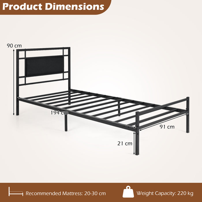 Single Bed Frame with Upholstered Headboard and Metal Slat Support-Black Single Size