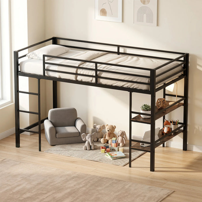 Single Metal Loft Bed with Storage Shelves and Guardrails and Ladder-