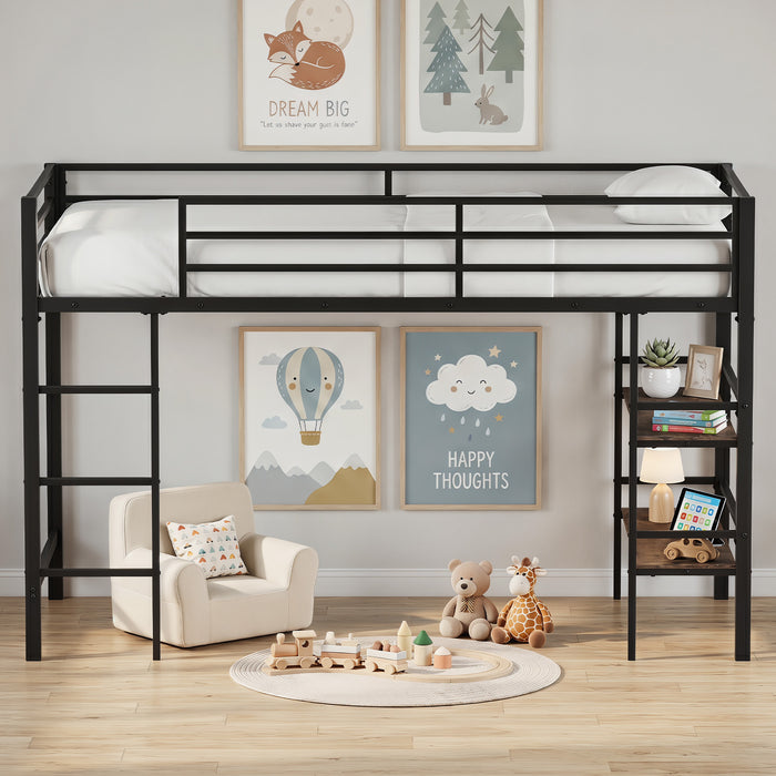 Single Metal Loft Bed with Storage Shelves and Guardrails and Ladder-
