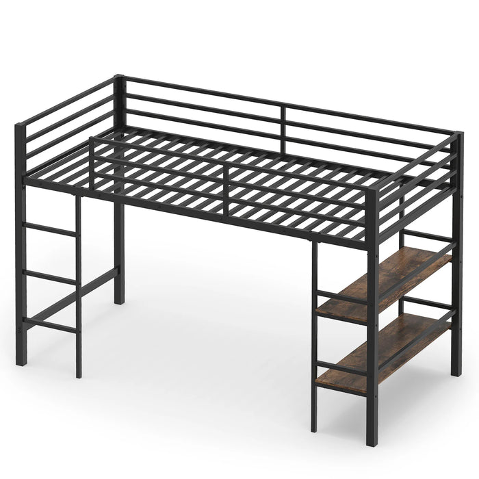 Single Metal Loft Bed with Storage Shelves and Guardrails and Ladder-