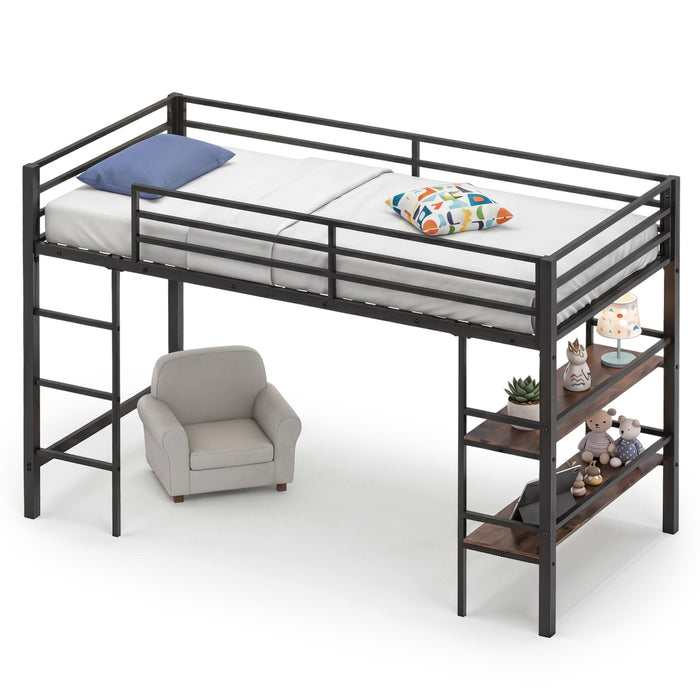 Single Metal Loft Bed with Storage Shelves and Guardrails and Ladder-