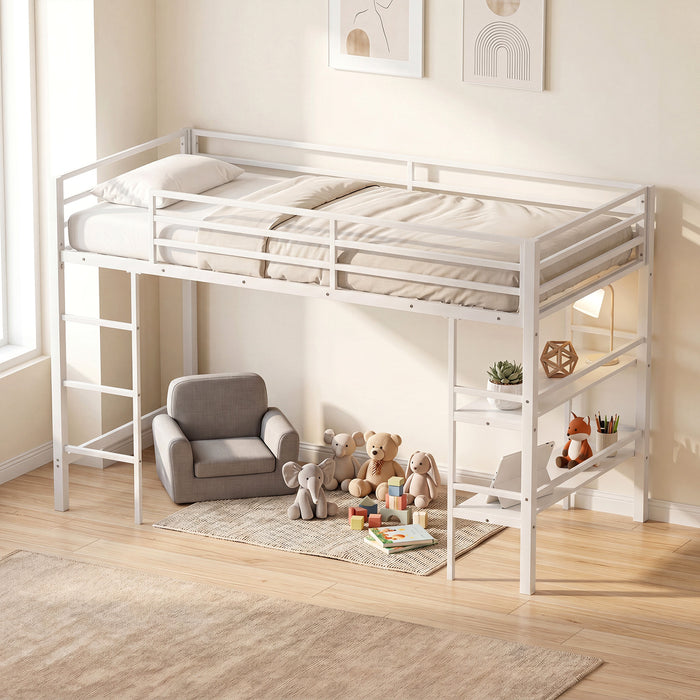 Single Metal Loft Bed with Storage Shelves and Guardrails and Ladder-