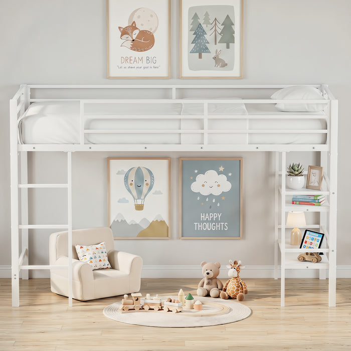 Single Metal Loft Bed with Storage Shelves and Guardrails and Ladder-