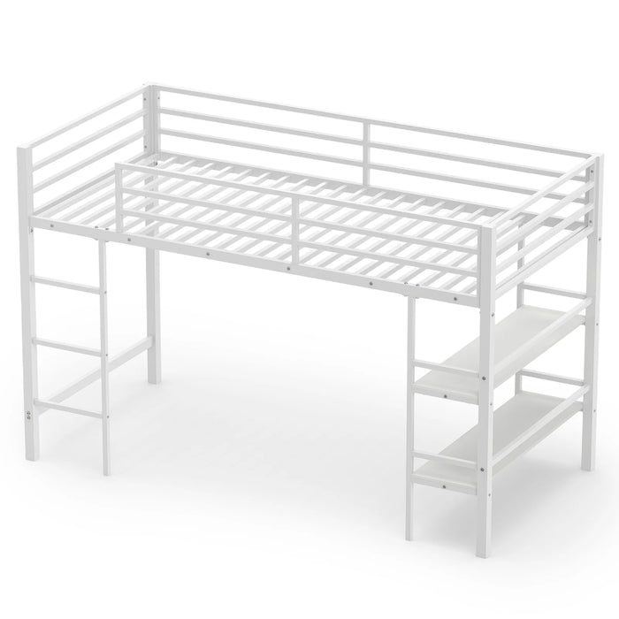Single Metal Loft Bed with Storage Shelves and Guardrails and Ladder-