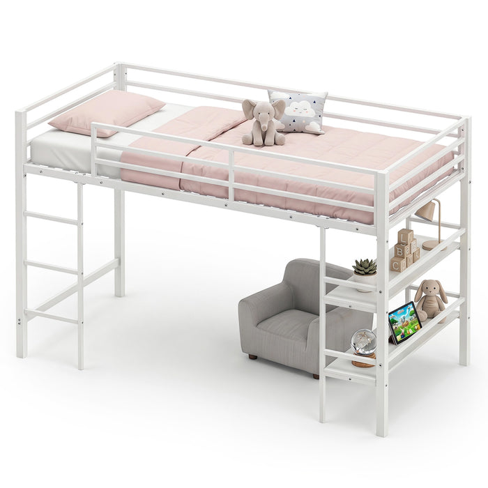 Single Metal Loft Bed with Storage Shelves and Guardrails and Ladder-