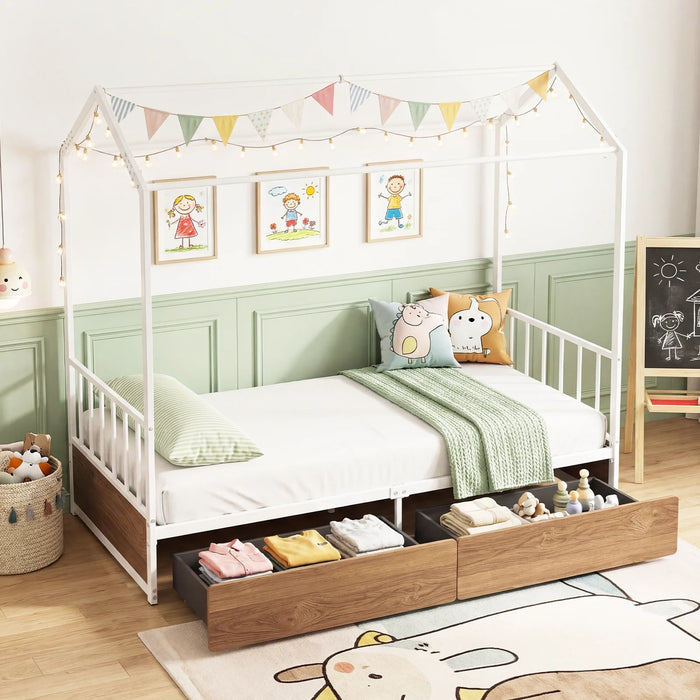 Single Size House Bed with 2 Drawers and Roof for Kids-