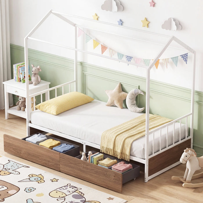 Single Size House Bed with 2 Drawers and Roof for Kids-