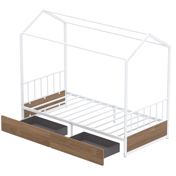 Single Size House Bed with 2 Drawers and Roof for Kids-